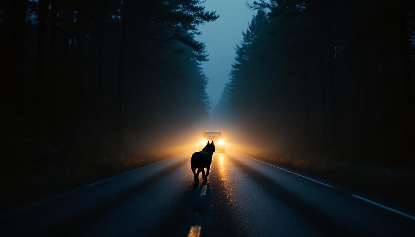 La route 8 à la tombée de la nuit — entre Doaktown et Blackville